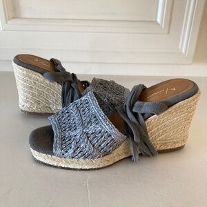 NWOT Anthropologie Tie Up Jute Blue Leather Lace Up Wedge Sandals Sz 40